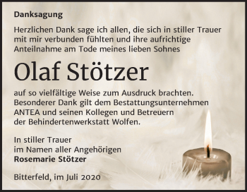 Traueranzeige von Olaf Stötzer von Mitteldeutsche Zeitung Bitterfeld