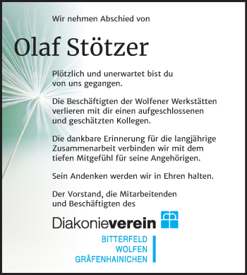 Traueranzeige von Olaf Stötzer von Wochenspiegel Bitterfeld
