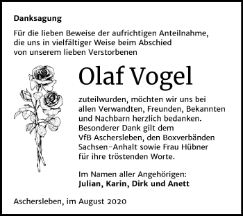 Traueranzeige von Olaf Vogel von Mitteldeutsche Zeitung Aschersleben