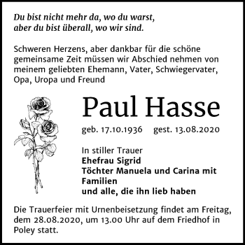 Traueranzeige von Paul Hasse von Super Sonntag Bernburg