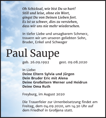 Traueranzeige von Paul Saupe von Wochenspiegel Naumburg/Nebra