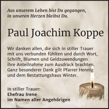 Traueranzeige von Paul Joachim Koppe von Mitteldeutsche Zeitung Bitterfeld