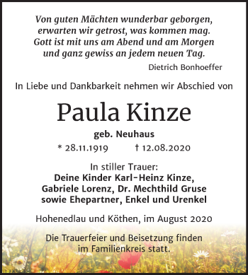 Traueranzeige von Paula Kinze von Super Sonntag Bernburg