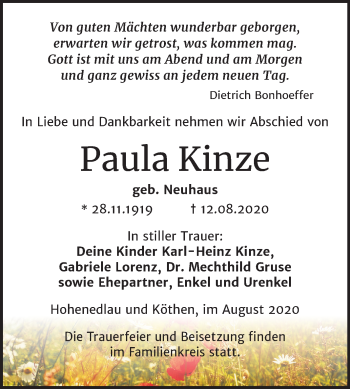 Traueranzeige von Paula Kinze von Mitteldeutsche Zeitung Bernburg
