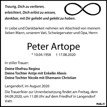 Traueranzeige von Peter Artope von Mitteldeutsche Zeitung Weißenfels