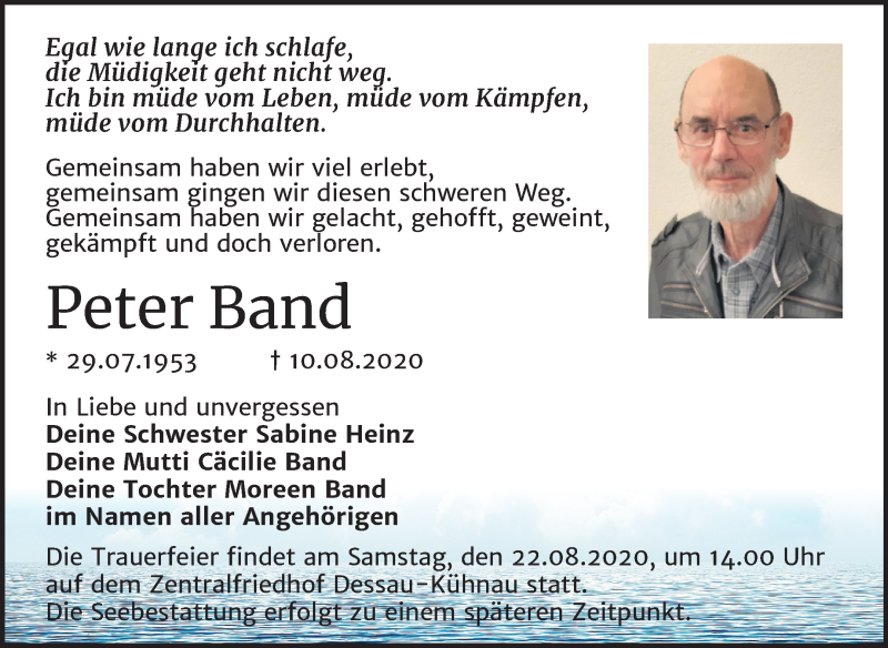  Traueranzeige für Peter Band vom 15.08.2020 aus Super Sonntag Dessau-Roßlau