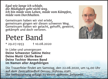 Traueranzeige von Peter Band von Mitteldeutsche Zeitung Dessau-Roßlau