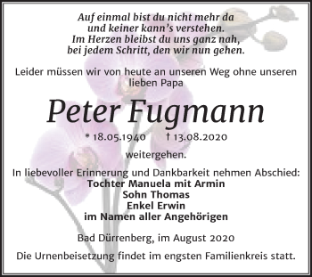Traueranzeige von Peter Fugmann von Super Sonntag Merseburg/Querfurt