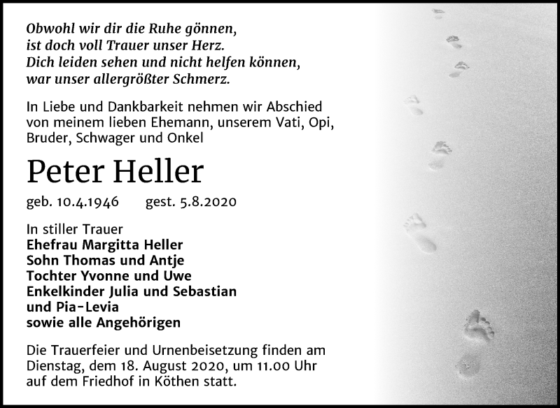  Traueranzeige für Peter Heller vom 11.08.2020 aus Mitteldeutsche Zeitung Köthen