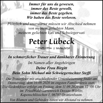 Traueranzeige von Peter Lübeck von Super Sonntag Dessau-Roßlau