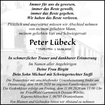 Traueranzeige von Peter Lübeck von Mitteldeutsche Zeitung Dessau-Roßlau