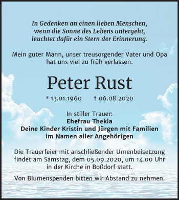 Traueranzeige von Peter Rust von Mitteldeutsche Zeitung Wittenberg