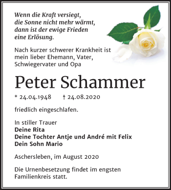 Traueranzeige von Peter Schammer von Super Sonntag Aschersleben