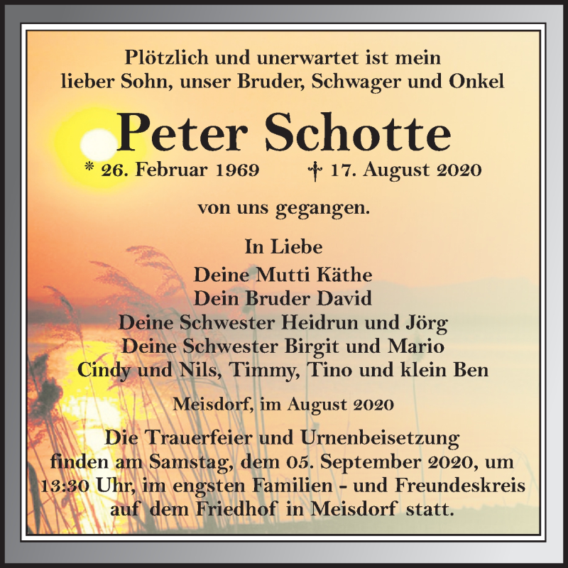  Traueranzeige für Peter Schotte vom 22.08.2020 aus Mitteldeutsche Zeitung Quedlinburg