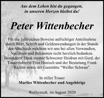 Traueranzeige von Peter Wittenbecher von Super Sonntag Sangerhausen