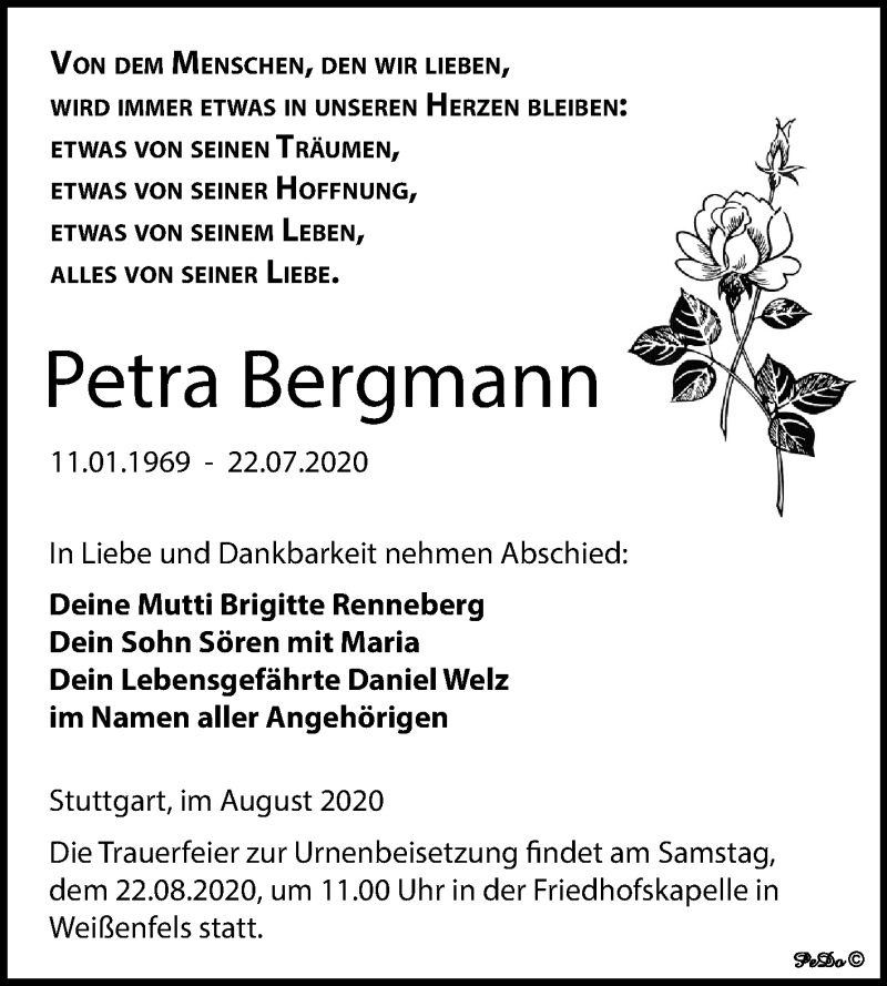  Traueranzeige für Petra Bergmann vom 12.08.2020 aus Wochenspiegel Weißenfels