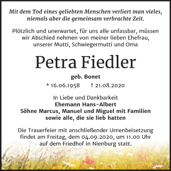 Traueranzeige von Petra Fiedler von Super Sonntag Bernburg