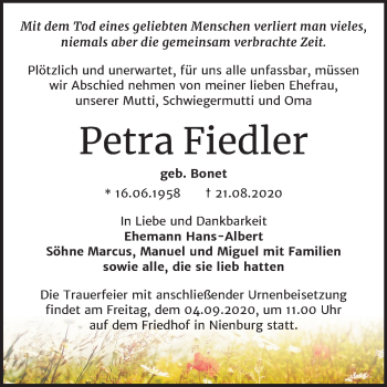 Traueranzeige von Petra Fiedler von Mitteldeutsche Zeitung Bernburg