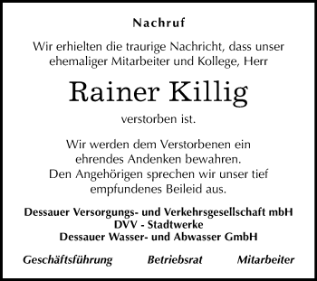Traueranzeige von Rainer Killig von Mitteldeutsche Zeitung Dessau-Roßlau