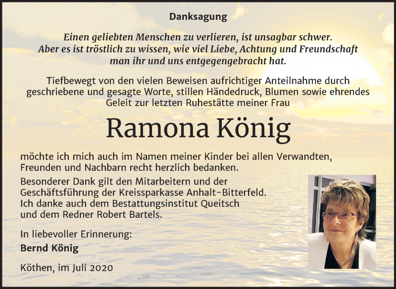  Traueranzeige für Ramona König vom 08.08.2020 aus Mitteldeutsche Zeitung Köthen