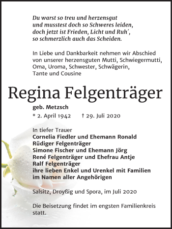 Traueranzeige von Regina Felgenträger von Super Sonntag Zeitz