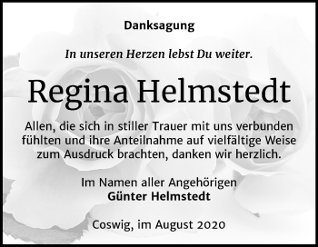 Traueranzeige von Regina Helmstedt von Mitteldeutsche Zeitung Wittenberg