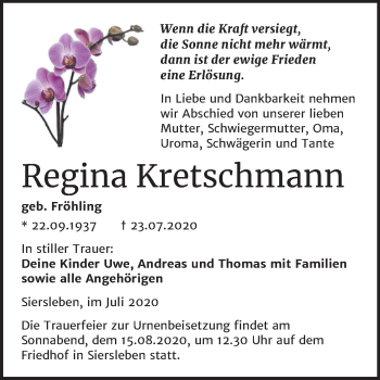 Traueranzeige von Regina Kretschmann von Wochenspiegel Mansfelder Land