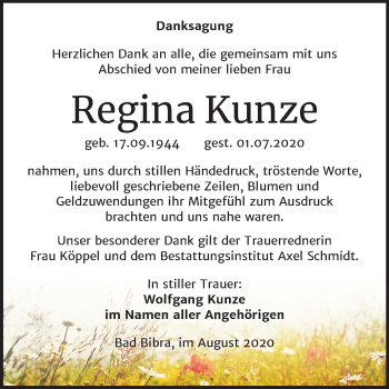 Traueranzeige von Regina Kunze von Mitteldeutsche Zeitung Naumburg/Nebra