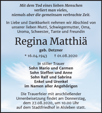 Traueranzeige von Regina Matthiä von Super Sonntag Bernburg