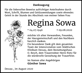 Traueranzeige von Regina Sowa von Mitteldeutsche Zeitung Dessau-Roßlau