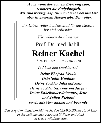 Traueranzeige von Reiner Kachel von Super Sonntag Dessau-Roßlau
