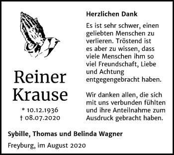 Traueranzeige von Reiner Krause von Wochenspiegel Naumburg/Nebra