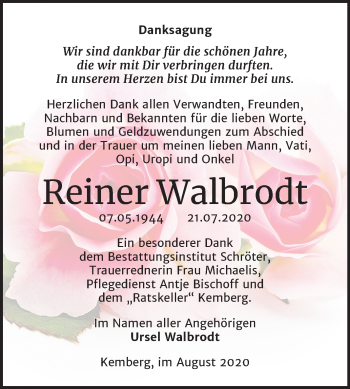 Traueranzeige von Reiner Walbrodt von Super Sonntag Wittenberg
