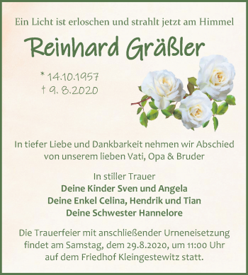 Traueranzeige von Reinhard Gräßler von Mitteldeutsche Zeitung Naumburg/Nebra