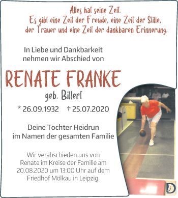 Traueranzeige von Renate Franke von Mitteldeutsche Zeitung Halle/Saalkreis