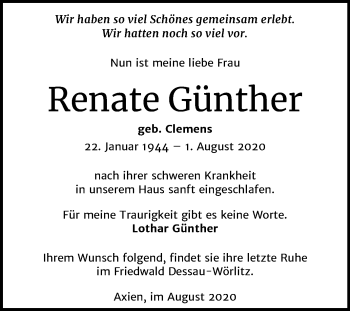 Traueranzeige von Renate Günther von Mitteldeutsche Zeitung Wittenberg