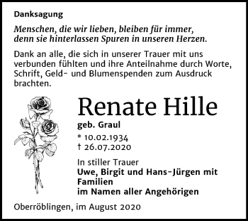 Traueranzeige von Renate Hille von Super Sonntag Sangerhausen