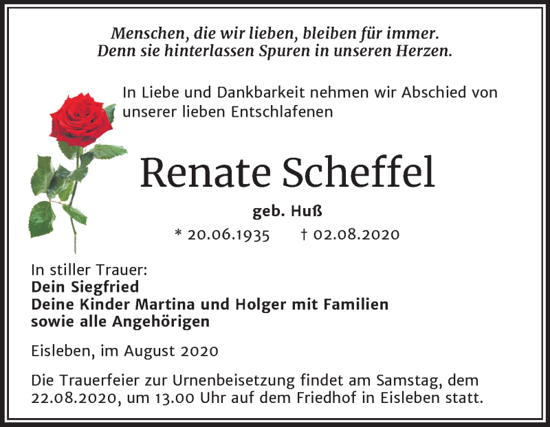  Traueranzeige für Renate Scheffel vom 12.08.2020 aus Wochenspiegel Mansfelder Land