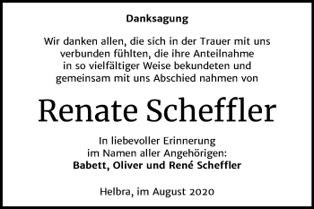 Traueranzeige von Renate Scheffler von Mitteldeutsche Zeitung Mansfelder Land