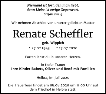 Traueranzeige von Renate Scheffler von Mitteldeutsche Zeitung Mansfelder Land