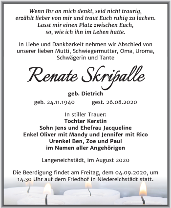 Traueranzeige von Renate Skripalle von Mitteldeutsche Zeitung Merseburg/Querfurt