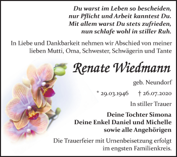 Traueranzeige von Renate Wieimann von Mitteldeutsche Zeitung Bitterfeld