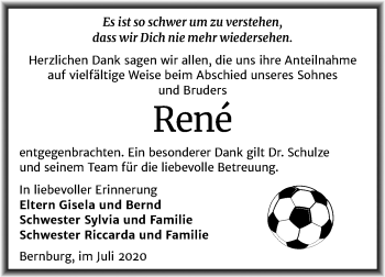 Traueranzeige von René  von Mitteldeutsche Zeitung Bernburg