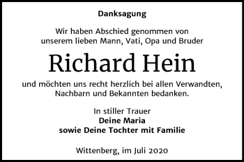 Traueranzeige von Richard Hein von Mitteldeutsche Zeitung Wittenberg