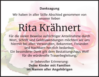 Traueranzeige von Rita Krähnert von Mitteldeutsche Zeitung Weißenfels