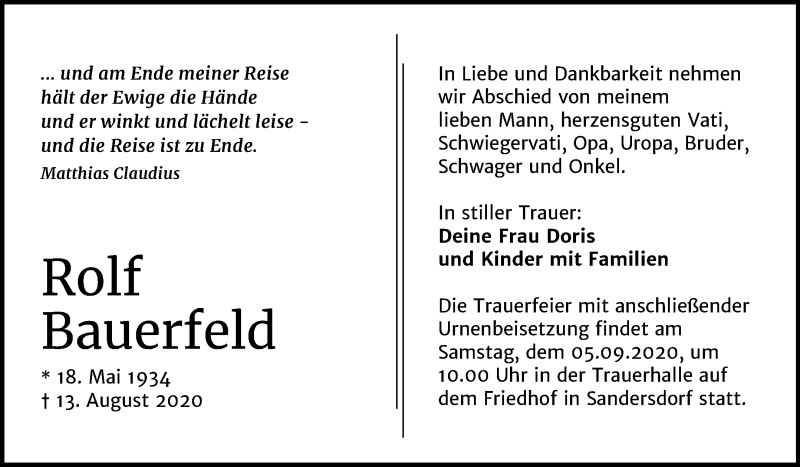  Traueranzeige für Rolf Bauerfeld vom 26.08.2020 aus Wochenspiegel Bitterfeld