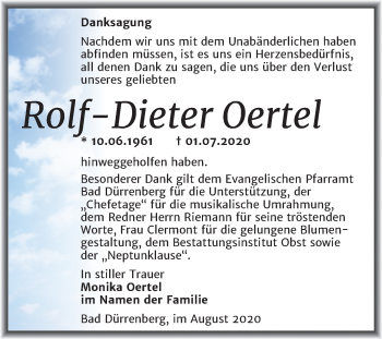 Traueranzeige von Rolf-Dieter Oertel von Mitteldeutsche Zeitung Merseburg/Querfurt