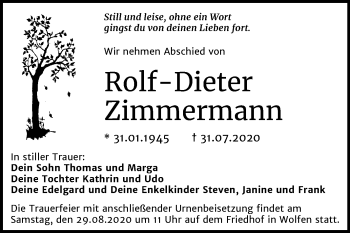 Traueranzeige von Rolf-Dieter Zimmermann von Mitteldeutsche Zeitung Bitterfeld