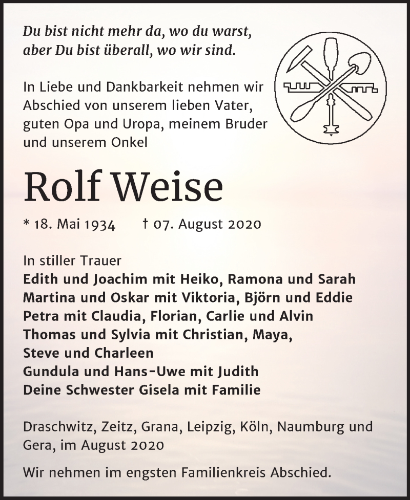 Traueranzeigen Von Rolf Weise Www Abschied Nehmen De