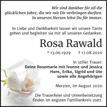 Traueranzeige von Rosa Rawald von Mitteldeutsche Zeitung Köthen